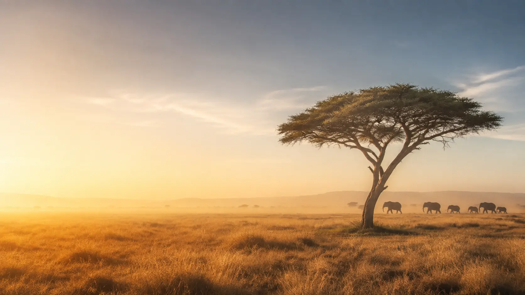 Elephants beneath an acacia tree at sunset in Tanzania